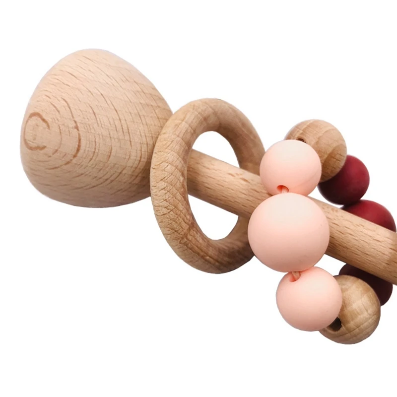 

Baby Wooden Teether Rattle Silicone Beads Beech Ring Infants Soother Molar Toy Newborn Teething Nursing Shower Gifts