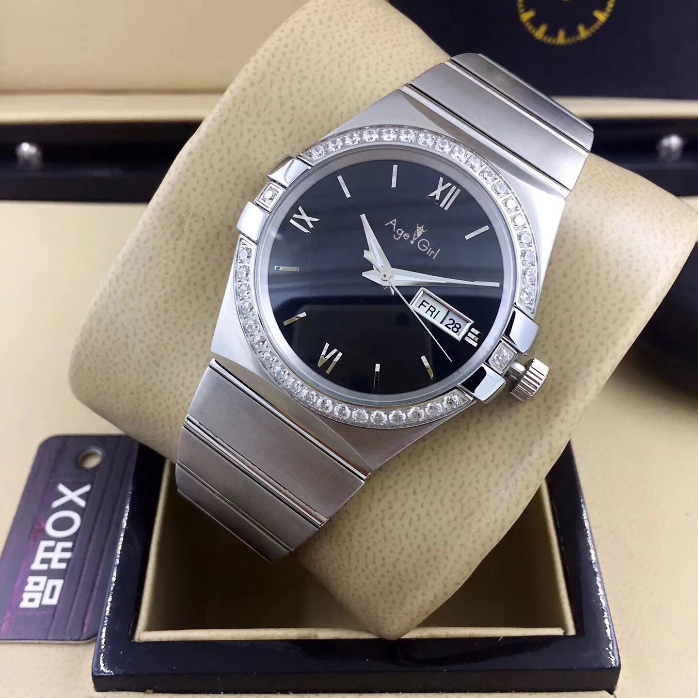 

Luxury New Men Silver Black White Automatic Mechanical Stainless Steel Sapphire Watches Diamonds Bezel Rome Glass Back