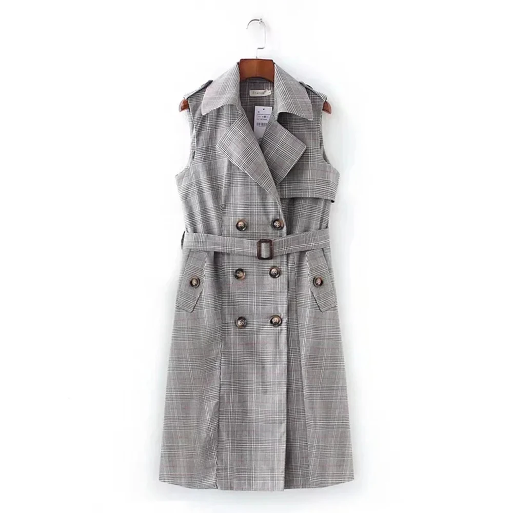 

Женский элегантный клетчатый двубортный винтажный жилет XEASY, модная уличная одежда, жилет с поясом, офисный Повседневный шикарный топ