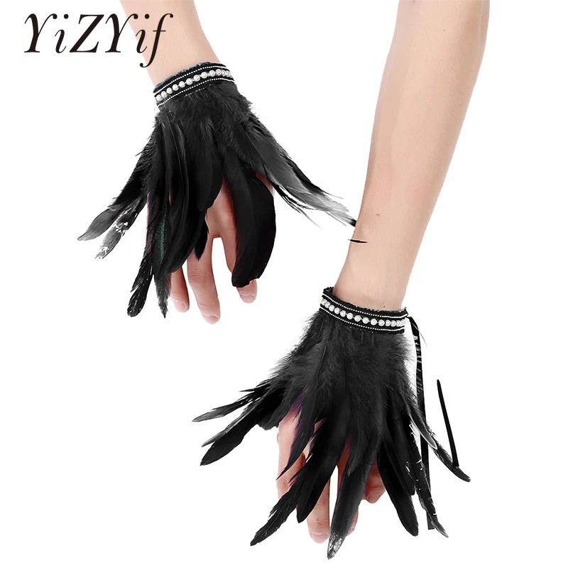 Готические панк перышки на запястье манжеты руку искусственный жемчуг кружево