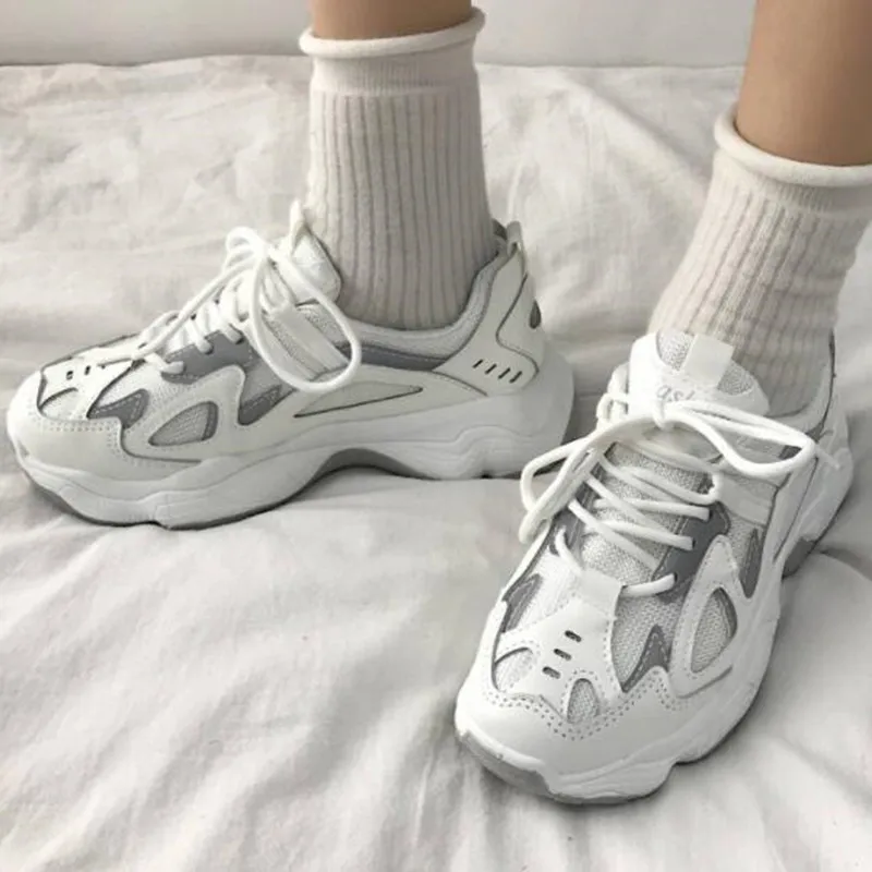 

Fashion Women Chunky Sneakers Girl Students Casual Sports Shoes Cross Tied Thick Sole Reflective Comfortable All Season Sneakers