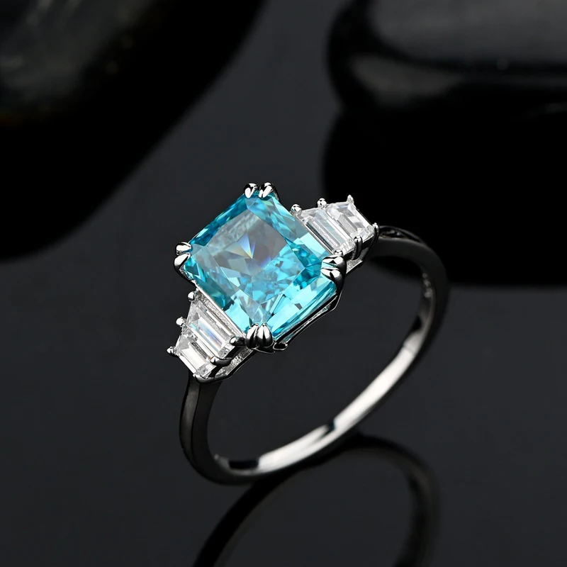 

925 Sterling Silver Sparkling High Carbon Diamond Aquamarine Wedding Rings For Women Party Fine Jewelry Wholesale