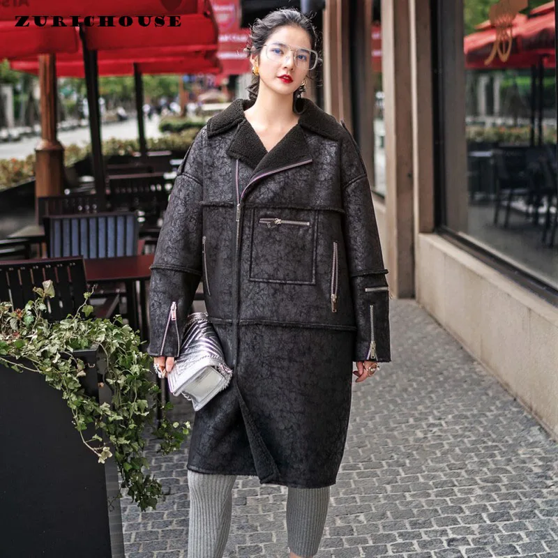 Зимнее пальто из искусственного меха женская черная длинная куртка овечьей