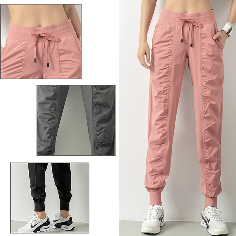 Sweatpants Fabric Drawstring Running Sport Joggers Women Quick Dry Athletic Gym Fitness with Two Side Pockets Exercise Pants