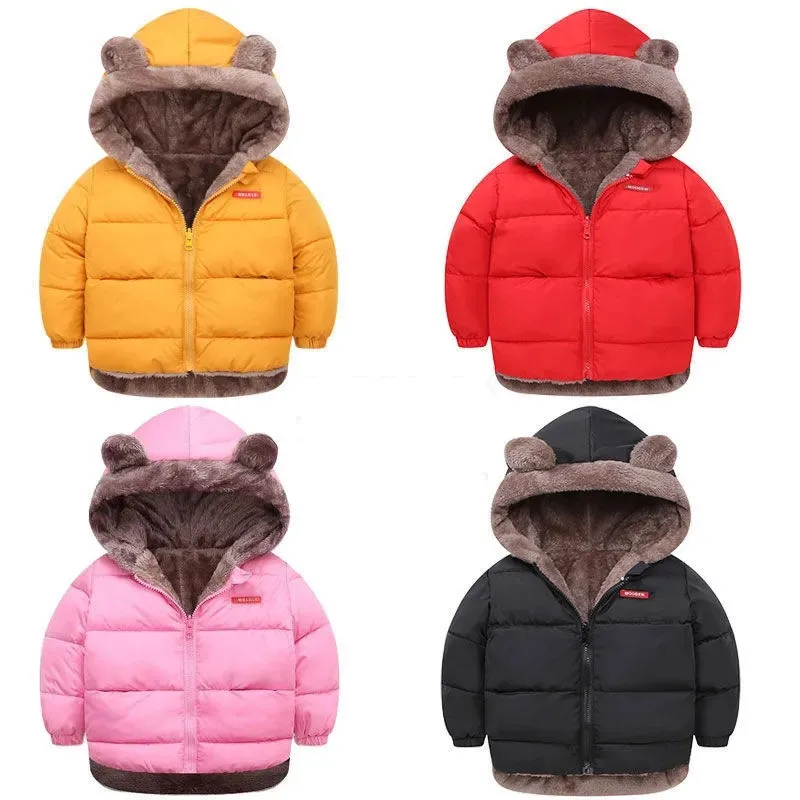 

Boys Girls Winter Warm Padded Jackets 2-6Yrs Baby Clothes Kids Plus Velvet Thicken Coats Hooded Cotton Outwear Children Clothing