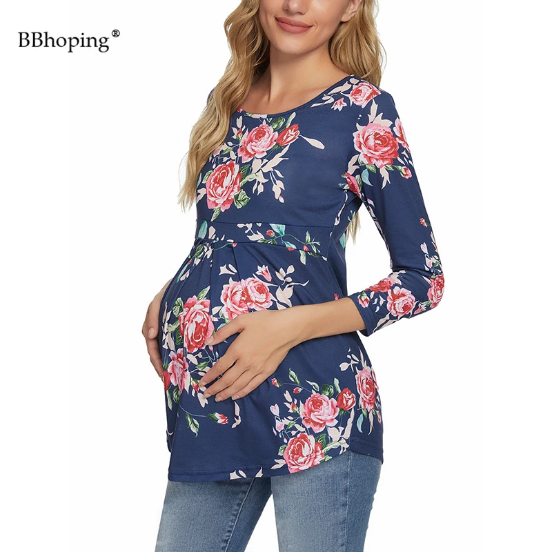 

Mama Casual Maternity Clothes Tops Premama 3/4 Sleeve Round Neck Blouse Pregnancy Floral Printed Tunice Cotton Top