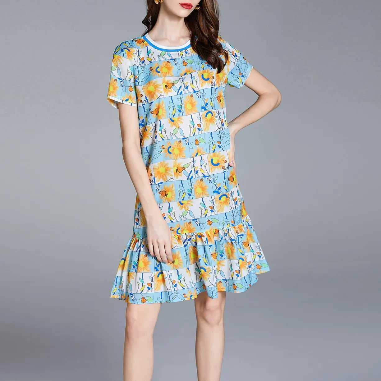 

fashion Summer Sunflower Dress Women Short Sleeve O Neck Flora Print Fishtail Ruffles A Line Loose Beach Party Chiffon Vestidos