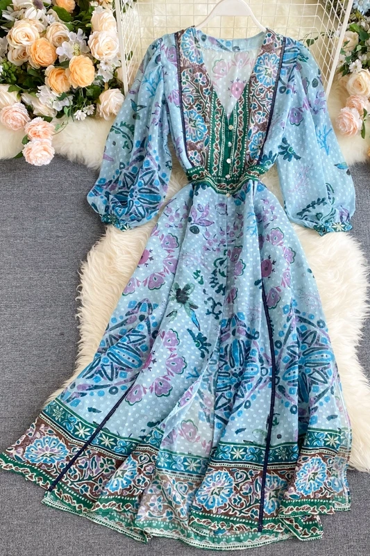 

2020 new fashion women's clothing V-Neck Puff Sleeve Ankle-Length Short Print dresses women dress