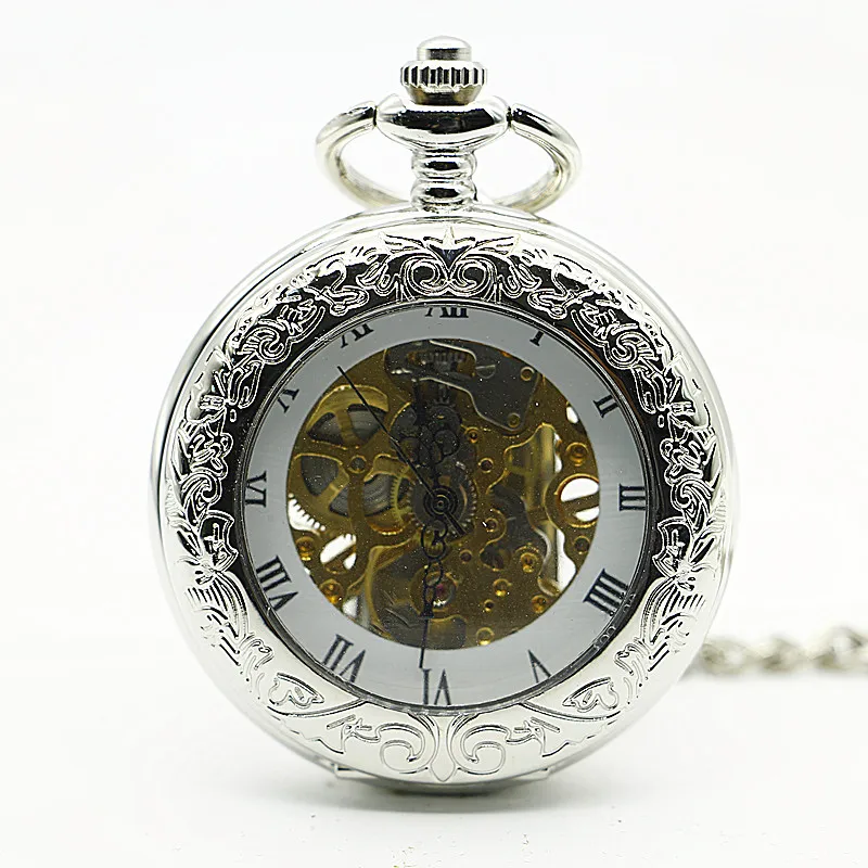 Silver Steampunk Hollow Roman Design Mechanical Pocket Watch Vintage Necklace Pendant Accessories Gift Men Fob Chain Watch