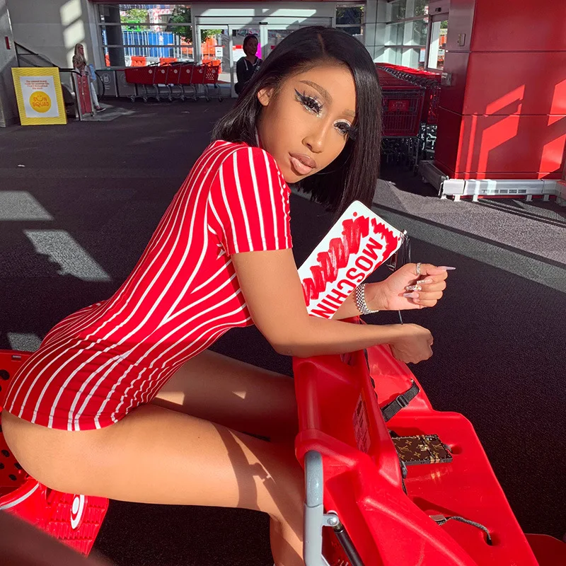 Женский Короткий комбинезон ATHVOTAR красный белый полосатый с коротким рукавом