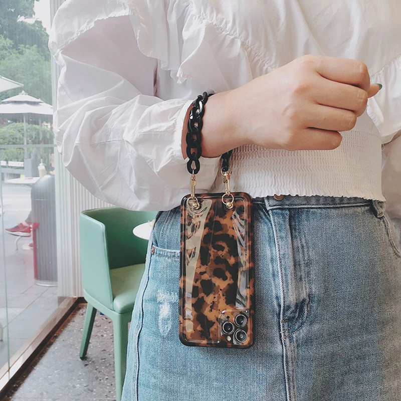Корейский Янтарный леопардовый чехол для телефона с ремешком на запястье и