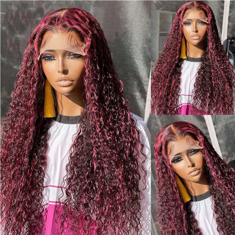 

Burgundy Soft Kinky Curly Long Glueless Lace Front Wig High Temperature For Black Women With Baby Hair 180%Density 26Inch