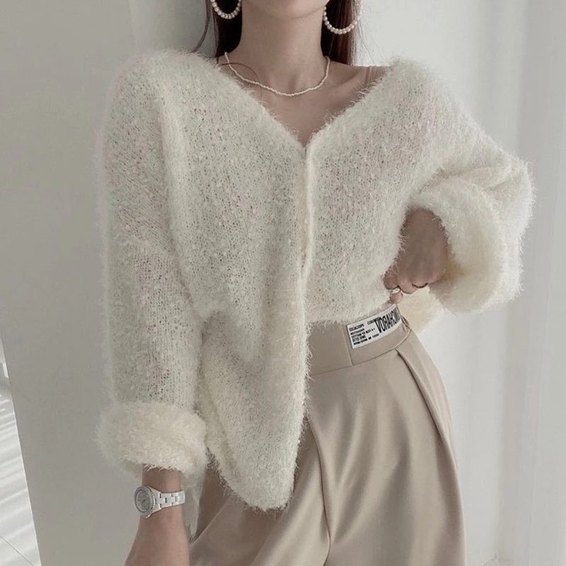 Женский мохеровый свитер корейский стиль однобортный вязаный кардиган с