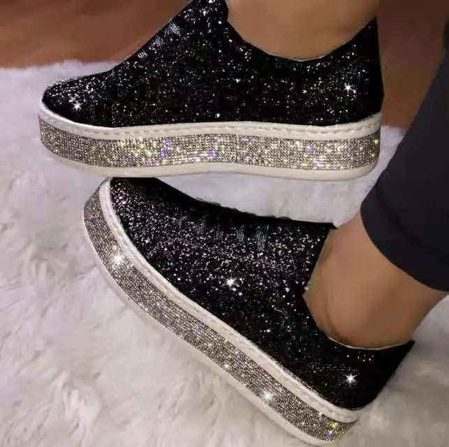 

2020 Women Glitter Sneakers Bling Flats Woman Spring New Casual Ladies Vulcanized Shoes Female Comfort Lace Up Fashion Shoes