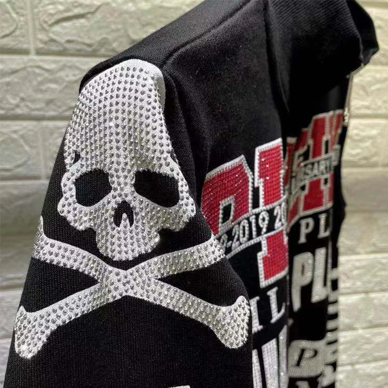 new sweater mens european and american trendy brand pp skull letter heavy industry hot drilling plein trend fashion zipper jack free global shipping