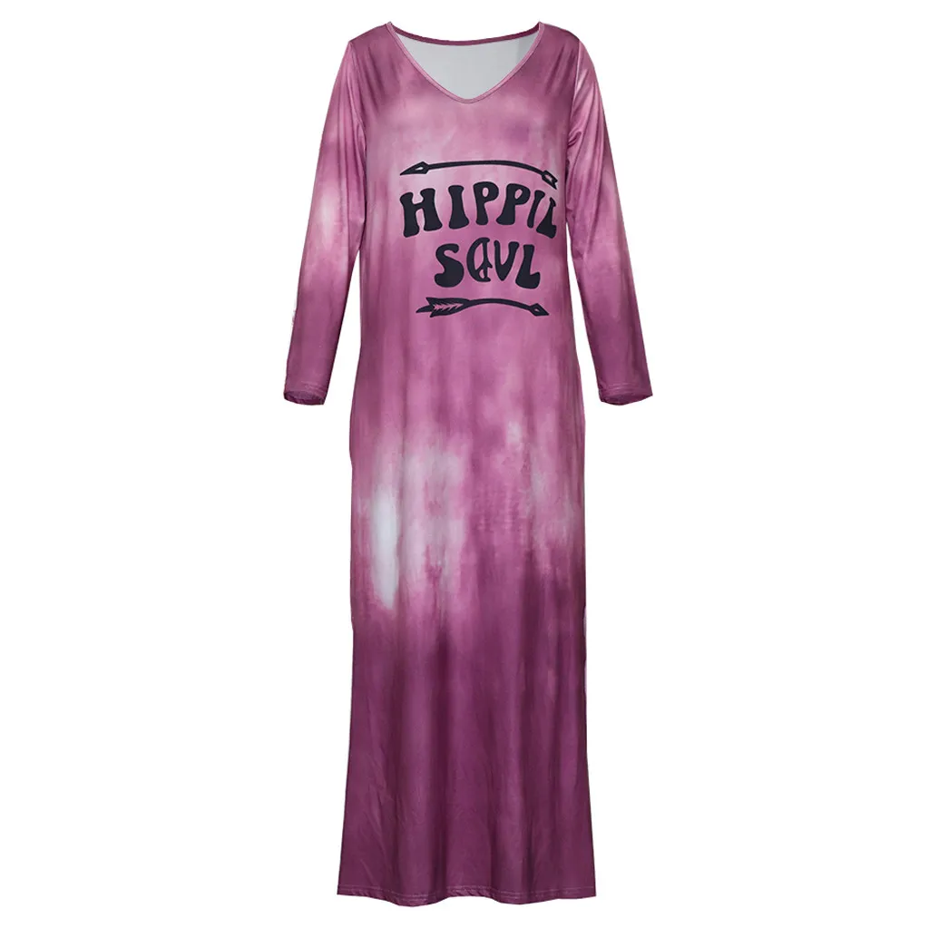 Tie Dye длинное платье для женщин хиппи душа печати о-образным вырезом свободного покроя с длинным рукавом рубашка макси платья размера плюс сплит винтажное платье