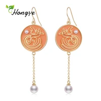 hongye 2020 round pearl drop earrings for women bird pattern circle fashion punk orange lacquer fine jewelry brincos hot sale