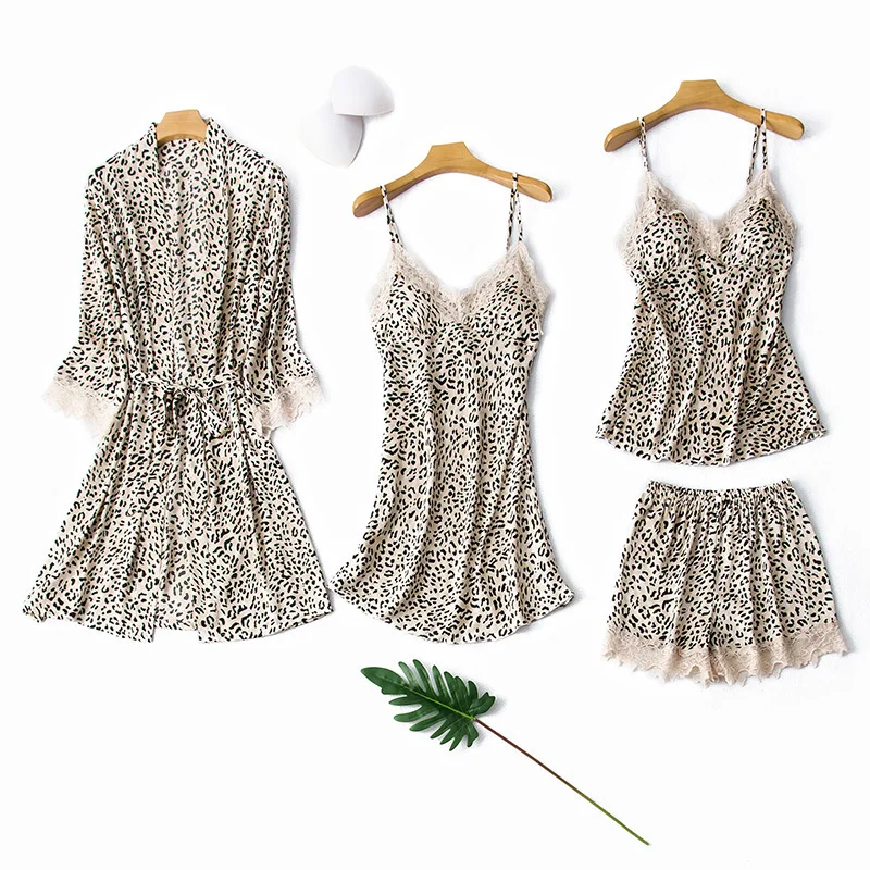 

4Pcs Satin Silk Leopard Pajamas Set Women Nightdress Lingerie Robes Vest Shorts Sleepwear Suit Summer Sexy Underwear Nightwear