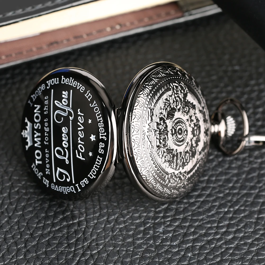 To My Son Pocket Watch Wallet Gift Set Pendant Quartz Romen Numerals Dial Clock Leather Black Wallet Men's Gifts Kit for Son