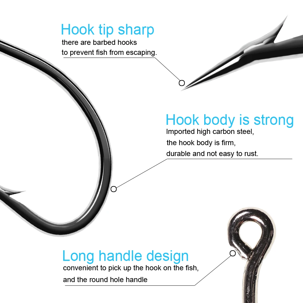 ICERIO 50PCS High Carbon Steel Barbed O'Shaughnessy Jig Hooks Saltwater Fishing Ringed Hooks Accessories Tackle