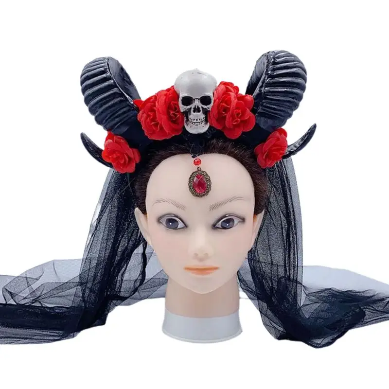 

Halloween Skull Flower Headband Sheep Horn Cosplay Costume Hair Hoop with Veil