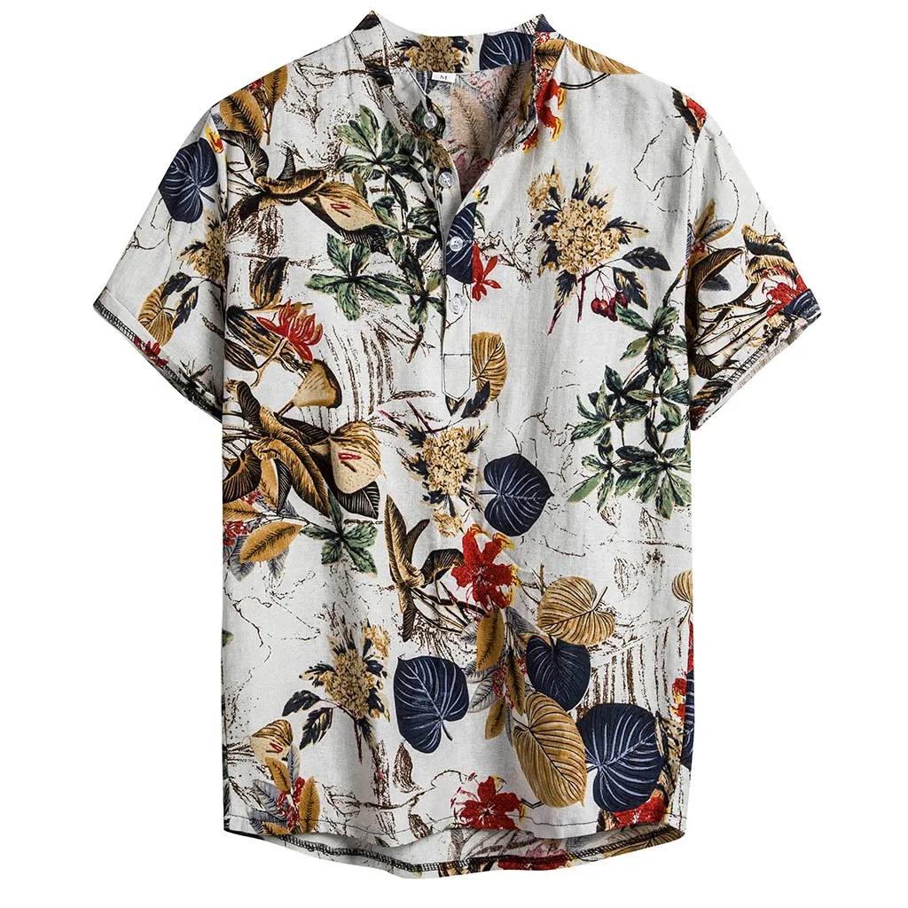

Summer Man Shirt Mens Ethnic Printed Stand Collar Cotton Linen Stripe Short Sleeve Loose Hawaiian Henley