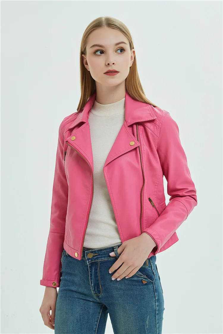 

G1995-spring and autumn leather women's short fit Pu Lapel fashion small leather locomotive leather jacket Korean short coat