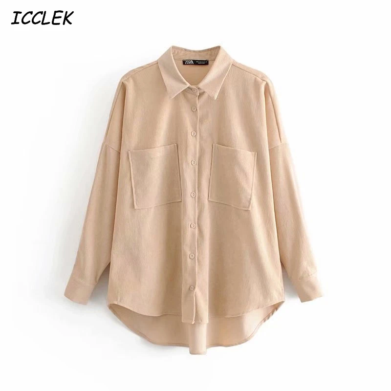 

Za Women's Corduroy Shirts Female Blouses Mujer Blusas Pockets Long Sleeves Harajuku Tops Girl Streetwear Vintage Loose Khaki BF