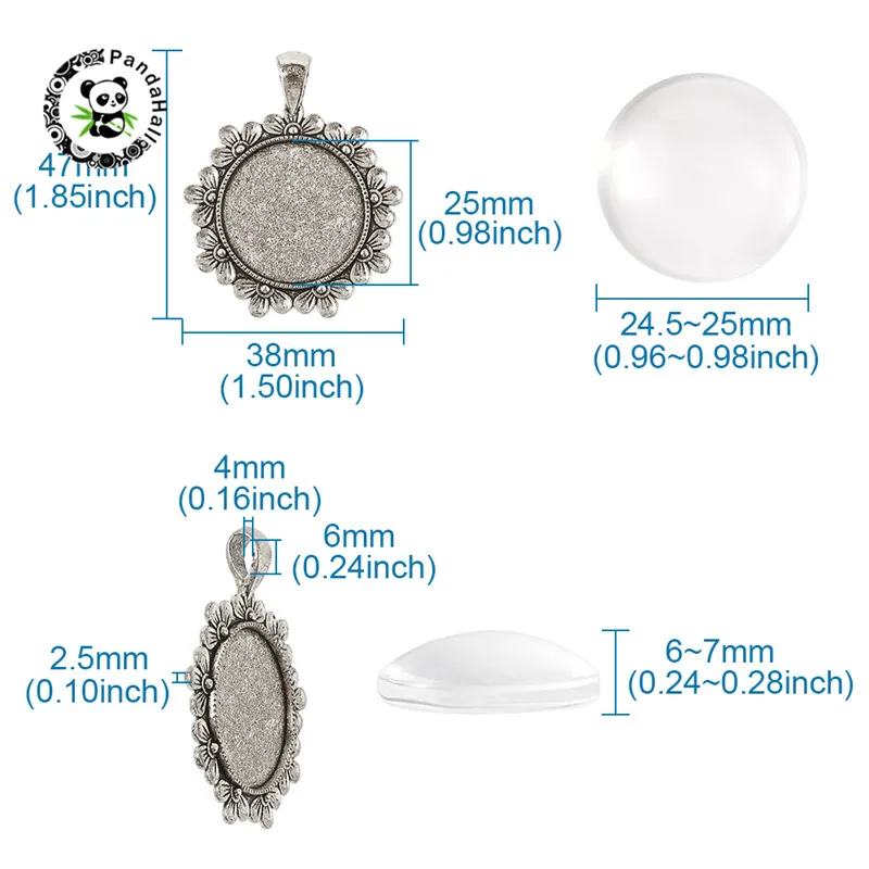 

pandahall 1 Set Flower Alloy Pendant Cabochon Settings & Clear Glass Cabochons for Jewelry DIY Making Findings 24.5~25x6~7mm