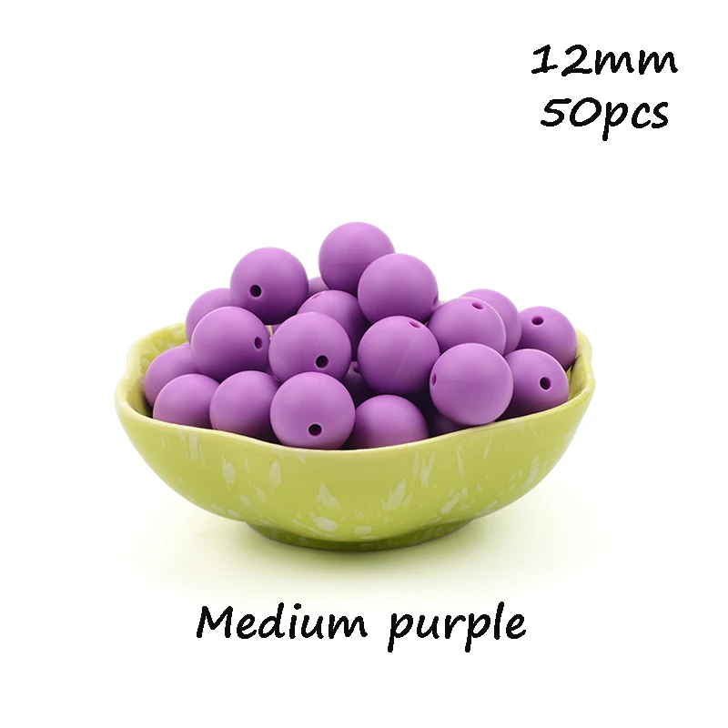 Medium purple LOFCA, 12 мм, 50 шт./лот, бусины из пищевого силикона, Прорезыватель для зубов, круглые бусины, Детская жевательная для прорезывания зубов, Силиконовые Прорезыватели для самостоятельного изготовления - Цвет: Medium purple