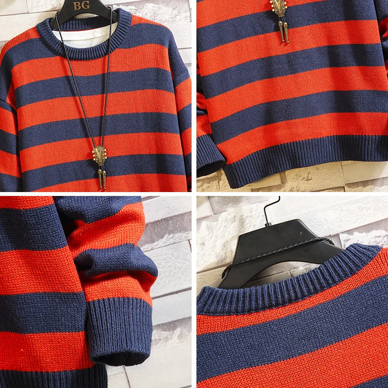 

Contrast Stripe Knitted Sweater Autumn Winter 6 Color Men And Women's Pullover Black Red Striped Oversized Sweater Hot Sale