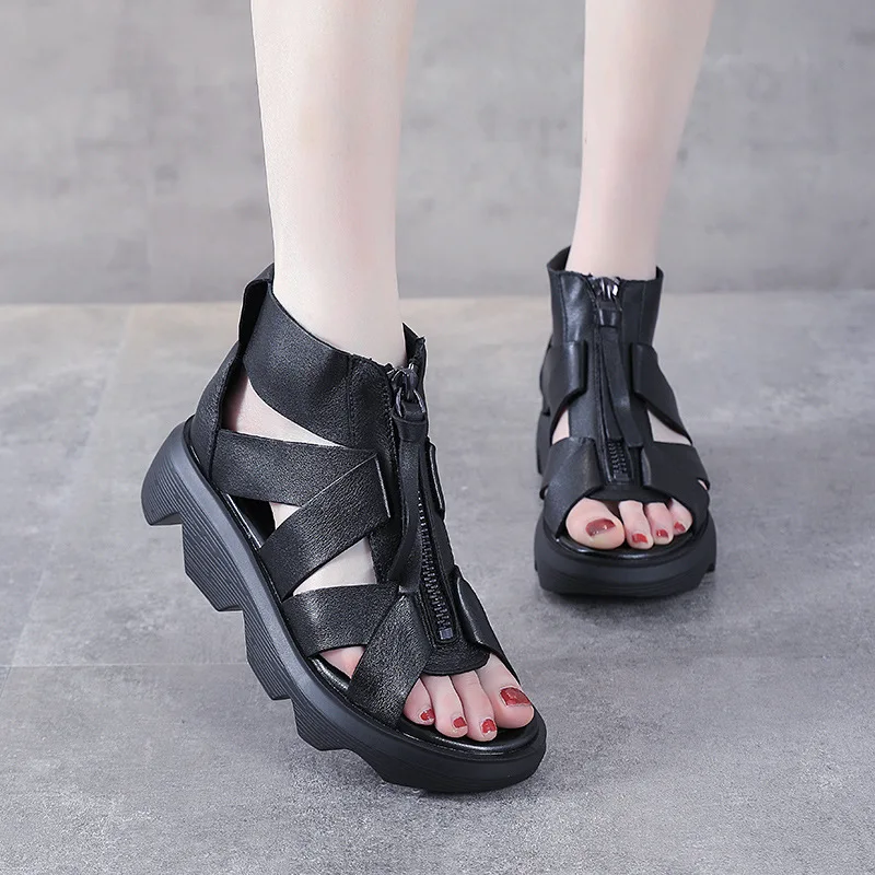 

Сандалии женские в римском стиле, дышащие босоножки на платформе, с первым слоем воловьей кожи, с открытым носком, дышащие, летний сезон