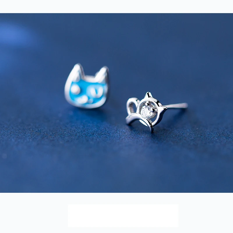 Trustdavis 100% 925 Solid Real Sterling Silver Women Fashion Asymmetric Cute Cat CZ Stud Earrings Daughter Girls Xmas Gift DA76 | Украшения
