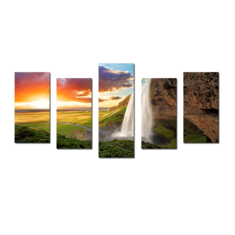 

Nature Landscape Print Posters Waterfall and Beautiful Sunset Wall Art Canvas Painting Wall Pictures For Living Room Decor