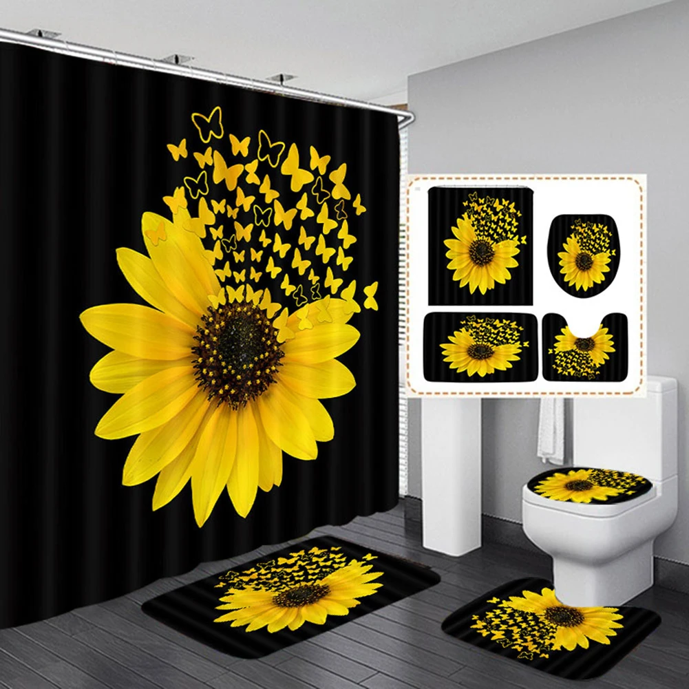 

Toilet Toilet Cover Mat Cover Decor Black Polyester Fiber 3/4PCS Sunflower