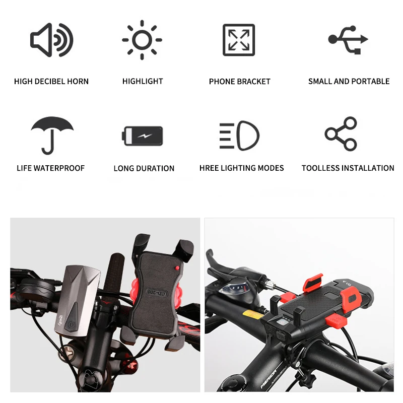 

Bicycle Light 4 in 1 Bicycle Horn Light Bike Phone Holder Lamp Cycling Flashlight For MTB Bike Front and Rear Light Set