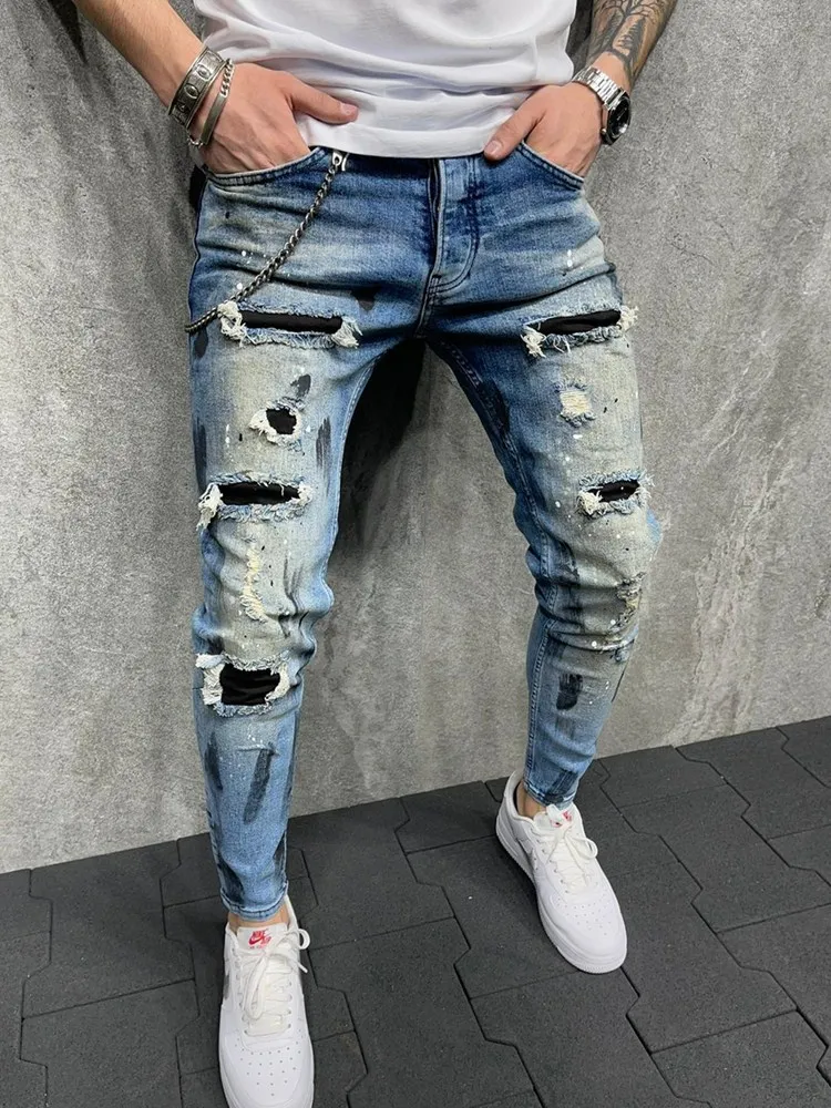 Paint Ripped Jeans Men's Jeans Sweatpants Sexy Hole Pants Casual Male Skinny Trousers Slim Biker Outwears Pants European Size