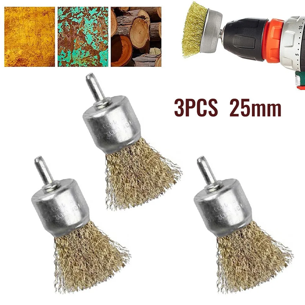 

25mm Brass Wire Brush 3pcs End Wire Brushes 6mm Shank Crimp Cup Set Kit