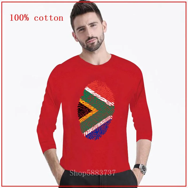 Funny South Africa Flag Fingerprint long T shirt men Sleeve O Collar Cotton T-shirt African Pride Tee Patriotic heart | Мужская одежда