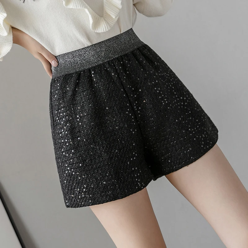 

Shorts Feminino 2021 Autumn Winter Korean Fashion Elastic High Waist Sequined Black Shorts Women Casual Wide Leg Ladies Clothes