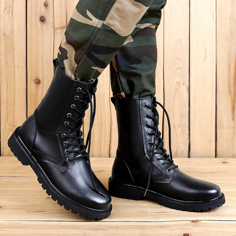 

Genuine Leather Snow Boots Autumn & Winter Military Boot Plush Outdoor Casual Men's High Boots Footwear Lace up Flats