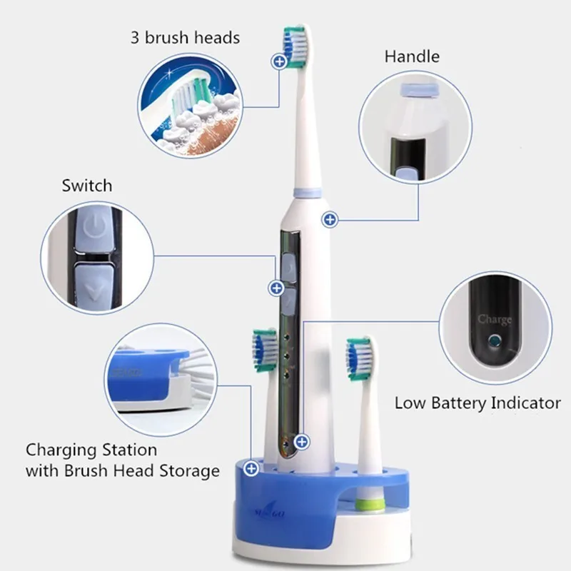 Sonic Electric Toothbrush for Adults Cordless Toothbrushes IPX7 Waterproof 3 Brush Head Smart Timer Tooth Teeth Whitening | Бытовая