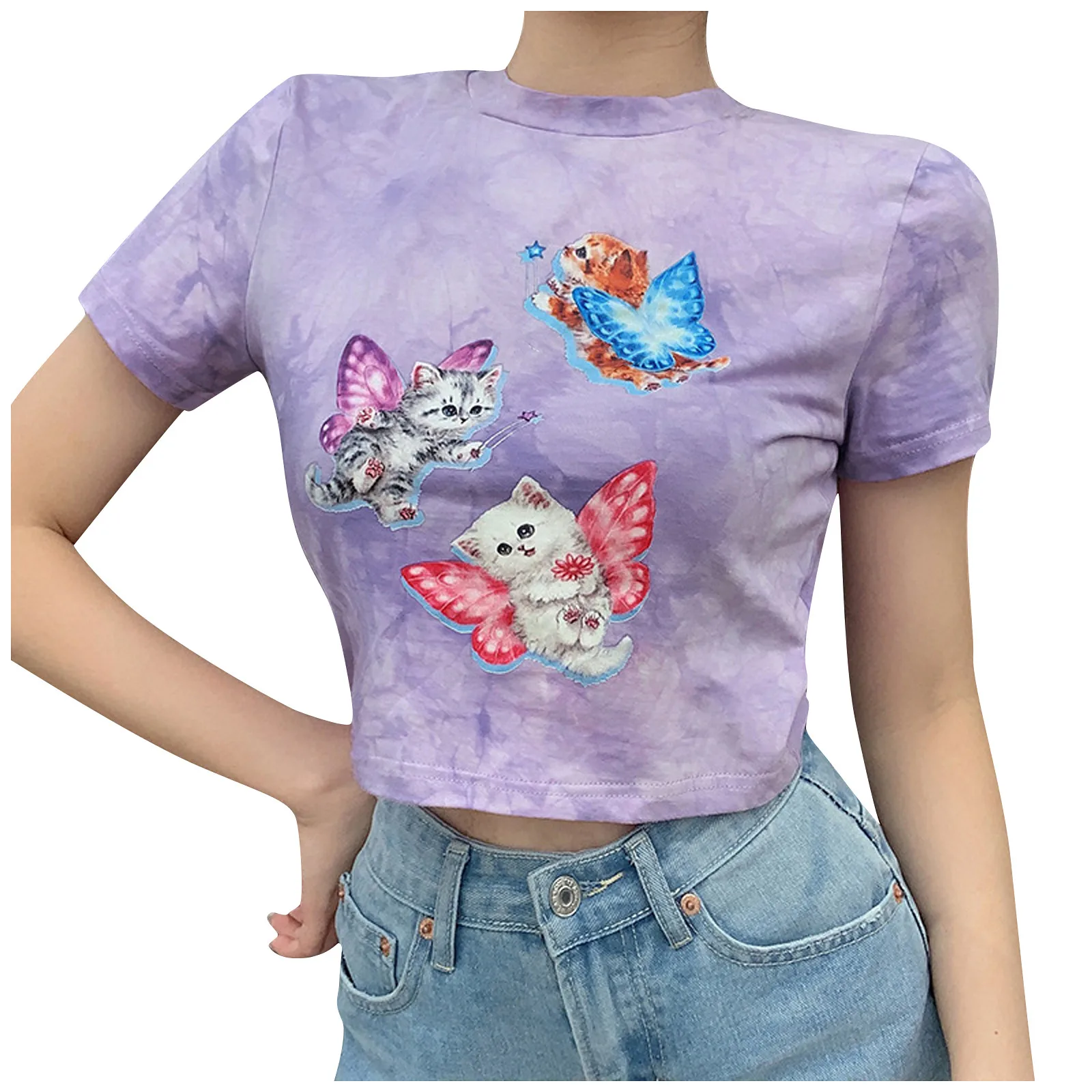 

2021 Womens Fashion Purple Tie-Dyed Cute Cat Pattern Tops Ladies Casual Slim Short Sleeve T-Shirt Tops Daily