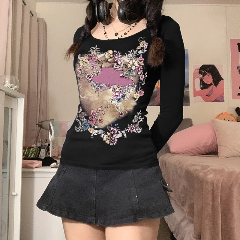 

Y2K одежда E-girl гранж эстетика 1920-х художественный принт ребристая футболка с длинным рукавом черные осенние зимние топы гранж наряды тонкий