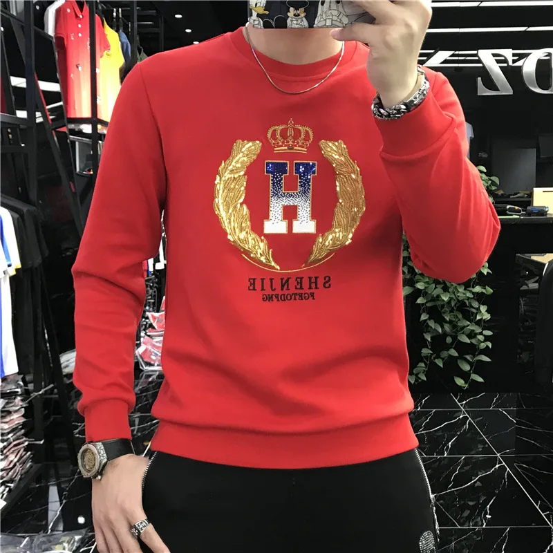 

2021 autumn new sweater men's long-sleeved t-shirt slim sequins heavy industry men's shirt bottoming shirt fashion trend