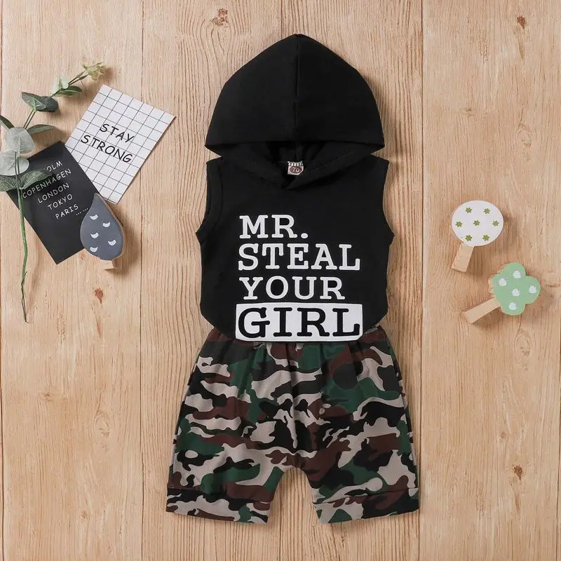 Toddler Kids Baby Boys Camo Alphabet Sleeveless Hoodie Tops Shirt Camouflage Print Shorts Pants Outfits Set Kids Clothing