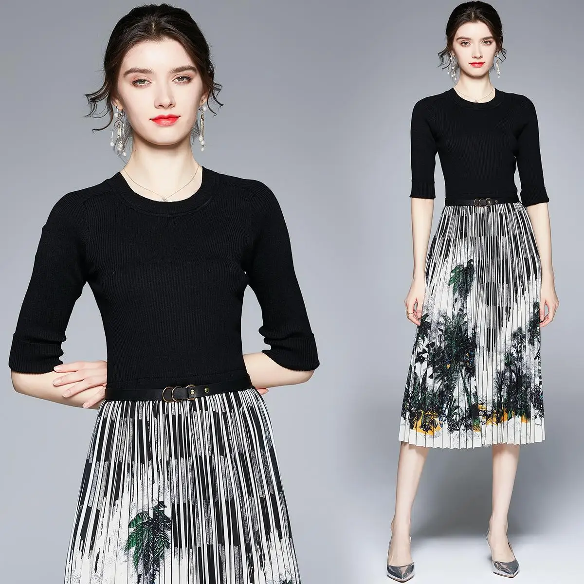 

Simgent Knitting Patchwork Pleated Dress Women Half Sleeve Print Elegant Vintage Dresses Robe Femme Vestidos SG16125