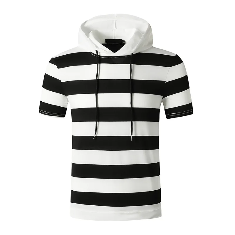 

Men Polyester T Shirt Muscle Movements With Short Sleeves Stripe Long Hooded Round Collar Hoodie Cultivate One's Morality Type