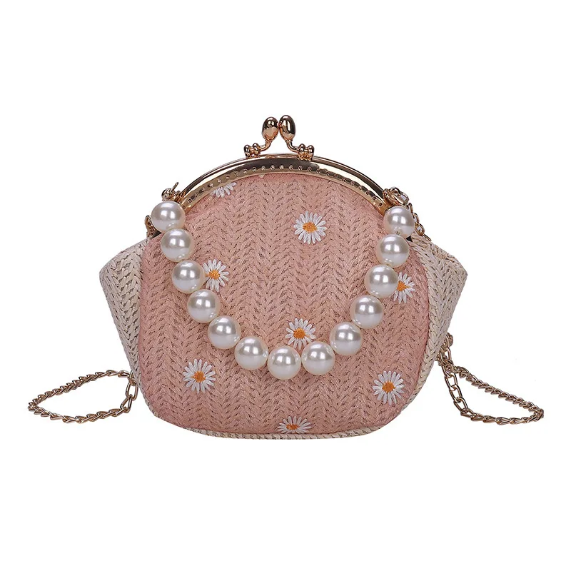

Summer women's bag new trendy messenger bag western style straw woven chain pearl handbag