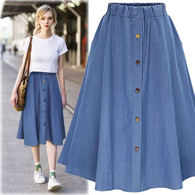 2021 Fashion Korean Preppy Style Denim Skirts Women Solid Color Long Skirt Nature Waist Female Big Hem Casual Button Jean Skirt